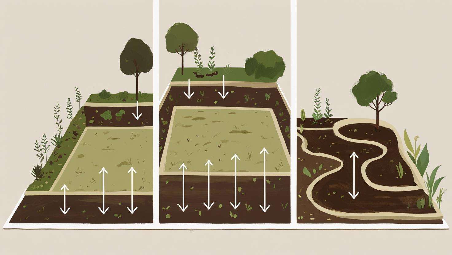 A split image showing three different garden terrains: a flat garden, a sloped garden, and an irregularly shaped garden. Include varying depths of mulch in each area, and use simple icons or arrows to indicate differences in depth