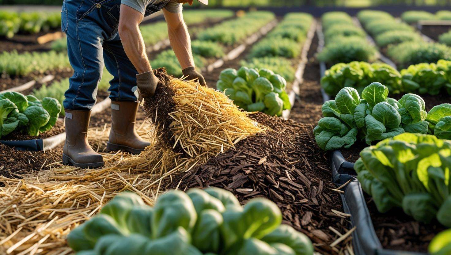 An image of a farmer applying mulch in a vegetable garden, demonstrating the proper thickness (2-4 inches) and correct placement around plant stems. This would highlight sustainable farming practices.