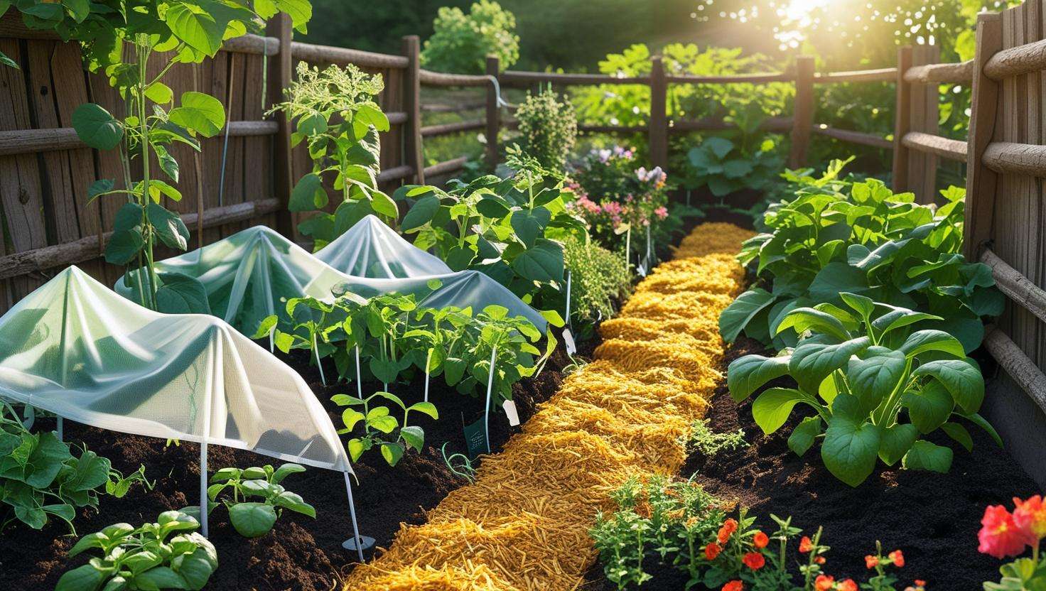  An image of a well-maintained garden with healthy plants and various pest-prevention techniques, such as row covers over plants, mulch around the soil, and a fence to protect the plants. The scene should feel peaceful and thriving.