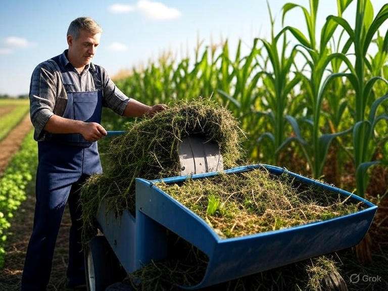 A farmer operating a Baumalight Mulcher in an organic farm, with crops growing around. The farmer should appear relaxed, and the mulcher should be shredding weeds and vegetation effectively. The focus should be on how the tool simplifies the farming process, saving time and labor.
