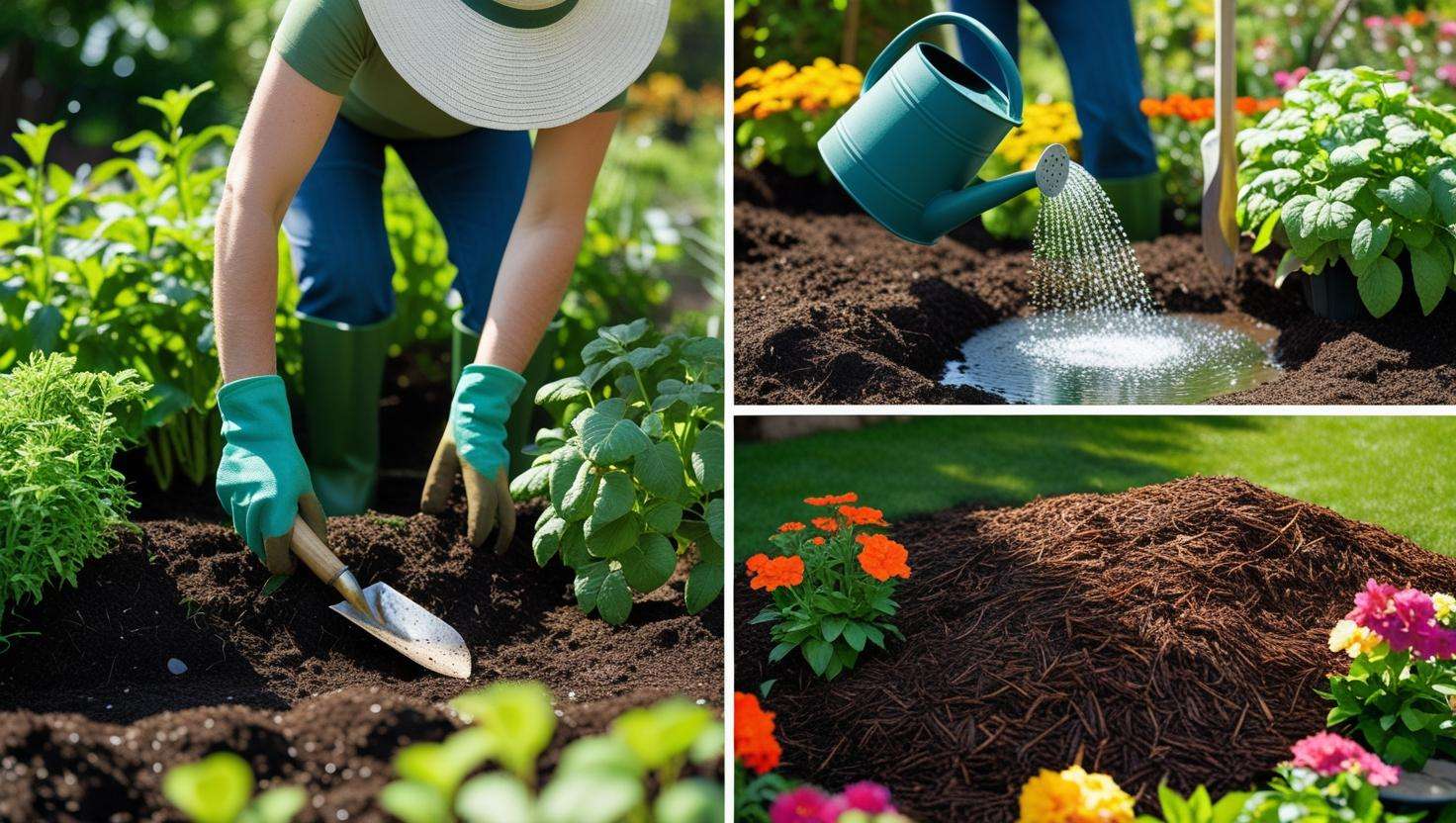 A comprehensive, step-by-step visual guide on applying hardwood mulch to a garden: the first image shows a gardener wearing gloves and a sun hat, clearing away weeds from the soil with a hand trowel, surrounded by vibrant green plants. The second image captures the same gardener using a watering can to evenly moisten the soil, droplets glistening in the sunlight. The final image illustrates the careful spreading of a thick 2 to 4-inch layer of rich, dark hardwood mulch around the base of colorful flowering plants, creating a neat and aesthetically pleasing garden layout.