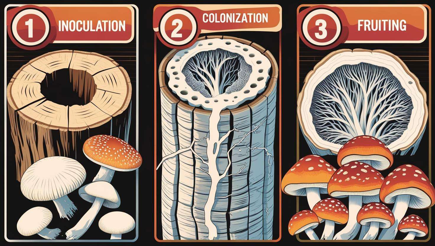 An infographic illustrating the step-by-step process of growing mushrooms on tree logs: 1. Inoculation (inserting spawn into logs), 2. Colonization (mycelium spreading), 3. Fruiting (mushrooms sprouting).