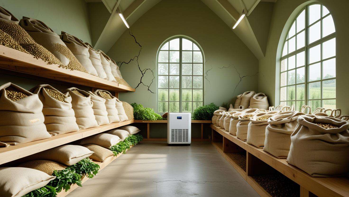 A well-organized organic farm storage room with visible signs of good maintenance. Clean surfaces, well-sealed cracks, proper ventilation, and a dehumidifier in the corner, showing the farm’s commitment to sustainability.