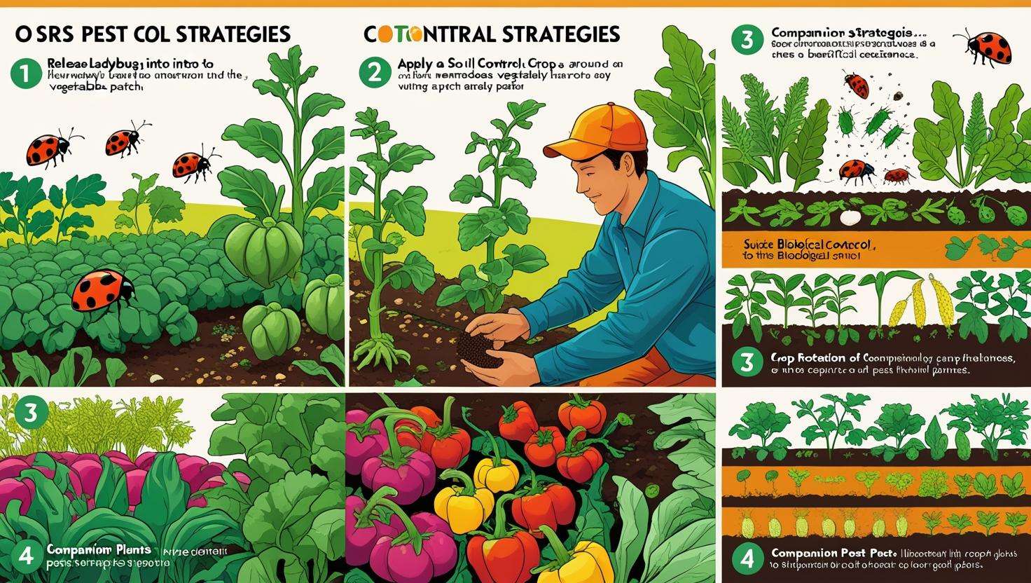 Step-by-step educational illustration showing a farmer implementing OSRS pest control strategies on a farm. The farmer is depicted in four parts, releasing beneficial insects, applying biological control like nematodes, rotating crops, and planting companion plants, all set against a sunny garden backdrop.