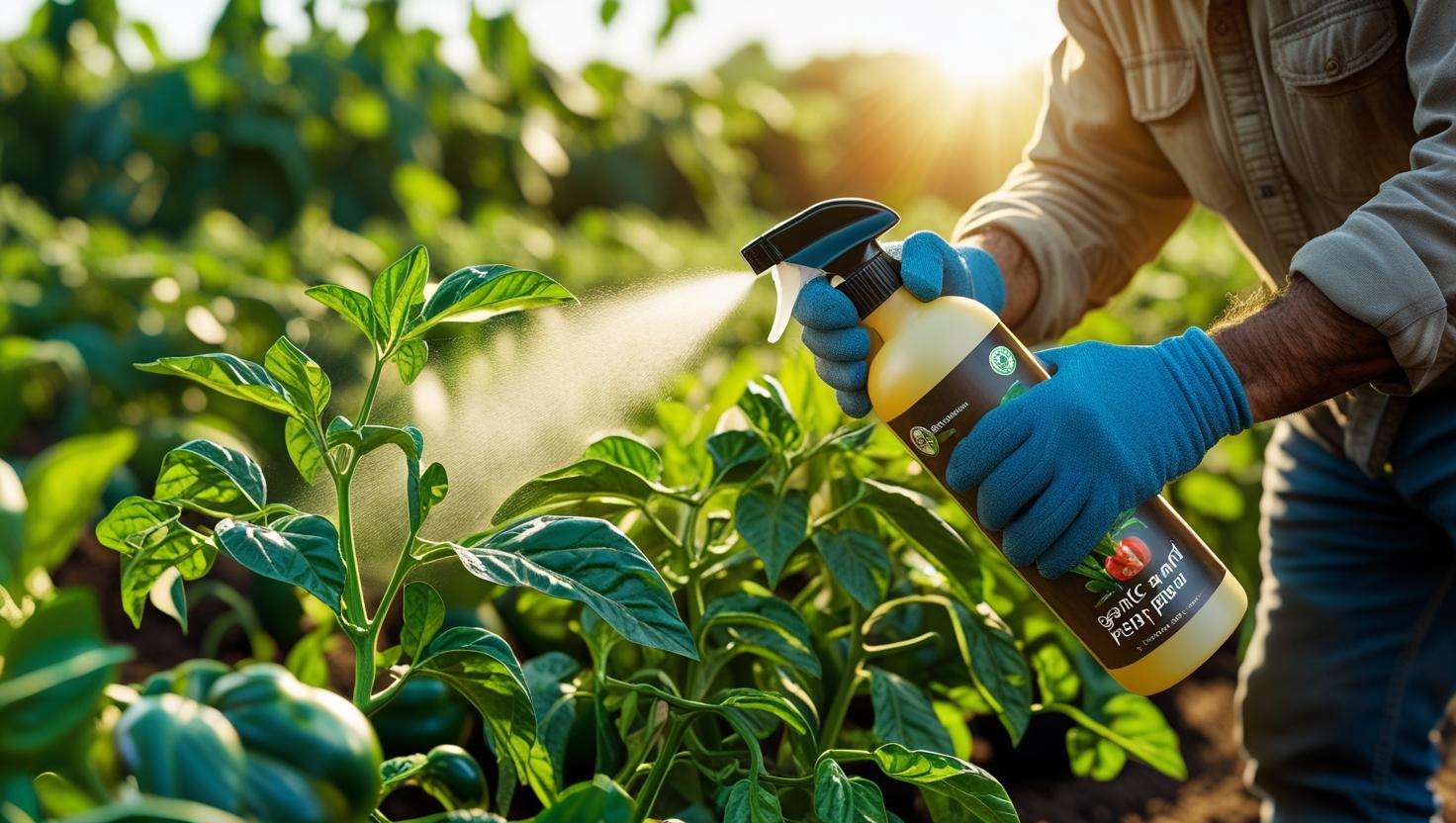 Farmer spraying a garlic and pepper solution on plants in an organic farm, wearing protective gloves and a straw hat, with vibrant greenery in the background