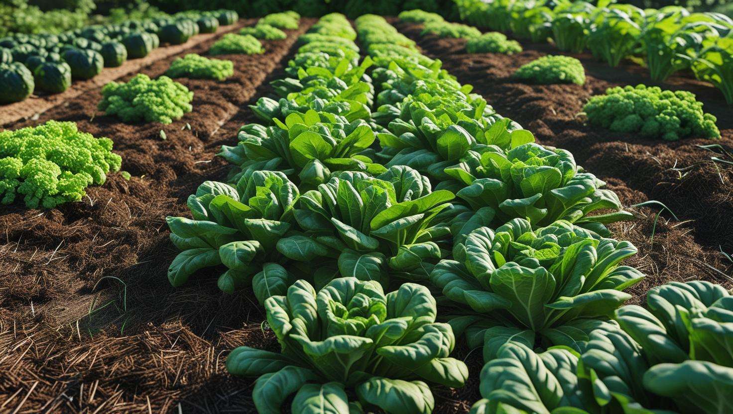 A healthy organic farm bed covered with pine bark mulch, plants growing robustly with no weeds in sight. The mulch layer is evenly spread, showcasing its effectiveness in suppressing weeds in a natural farming environment.
