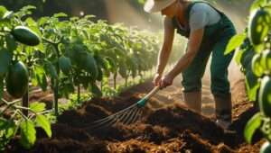 A farmer in a green farm applying a 2-4 inch layer of mulch made from shredded organic materials around plants. The plants are healthy and well-spaced, and the farmer is using a rake to spread the mulch evenly.
