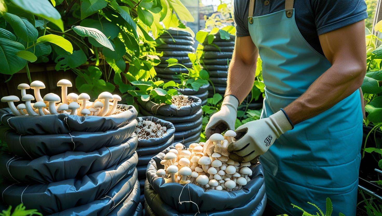 A person in a clean, well-organized kitchen or indoor space preparing mushroom grow bags. They are inoculating the substrate with mushroom spores, packing it into the bags, and sealing them. Show the process of care and precision in the setup.
