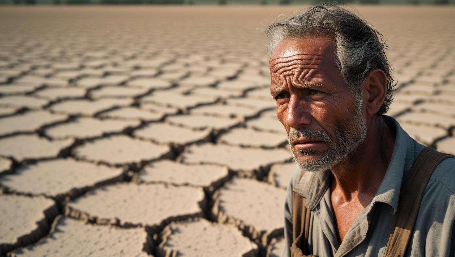 A farmer standing in a field affected by drought, with cracked dry soil in the background. The farmer looks concerned while the landscape shows the negative impacts of climate change, like lack of water or unpredictable rainfall.