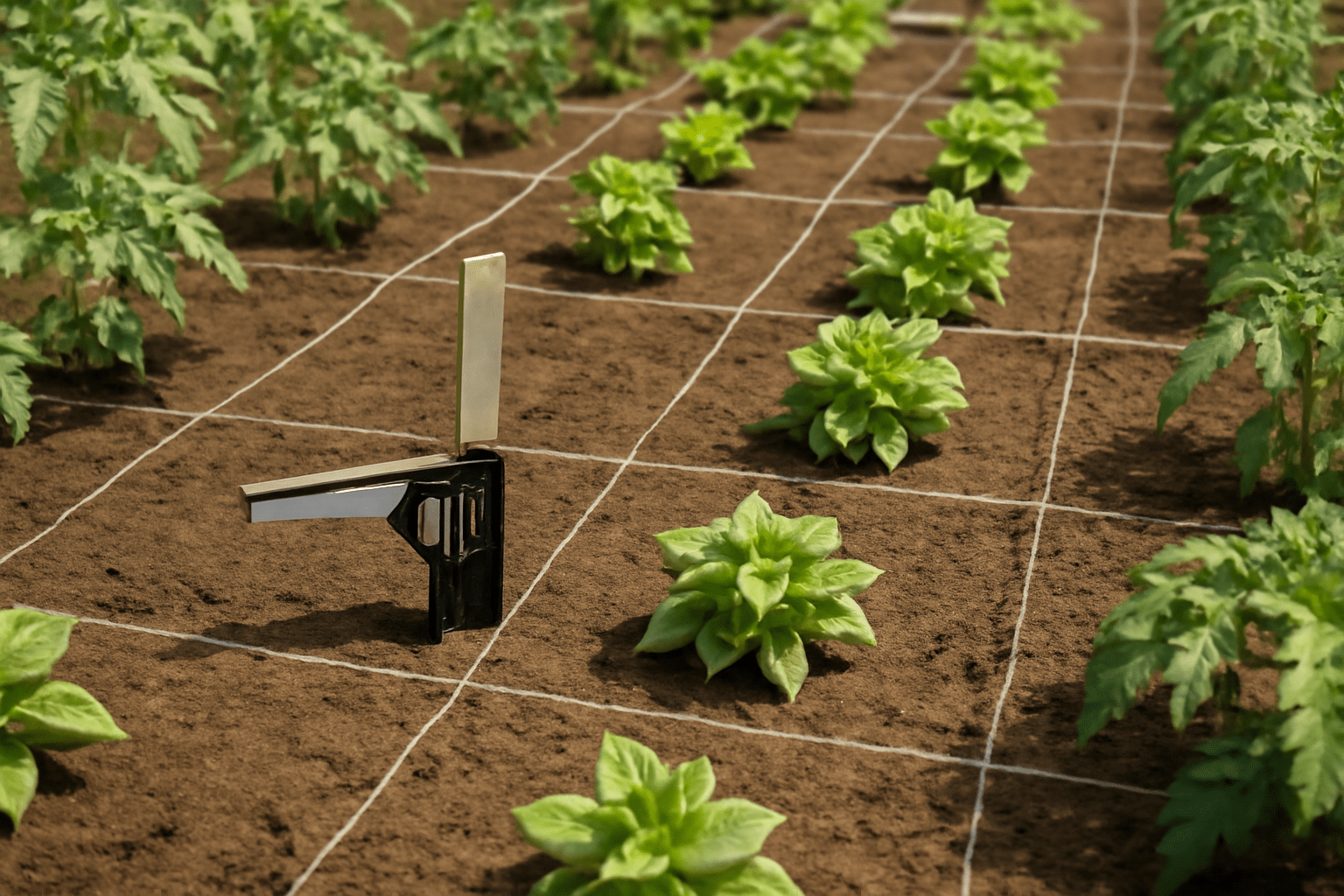 A combination square marking out a precise grid on a farm field for companion planting, showing clear rows and spacing between different crops like tomatoes and basil.