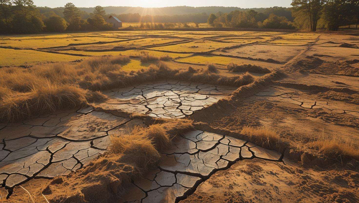 dry land under a harsh midday sun, with clear faces, long shadows, and a barren, drought-stricken landscape in the background.