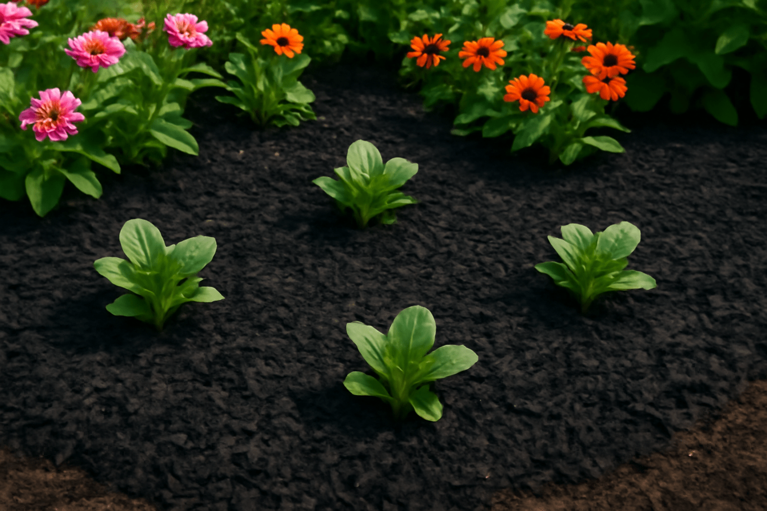 A garden with black mulch covering the soil, with no visible weeds around healthy plants. The mulch acts as a protective layer, preventing weeds from emerging and providing a clean, weed-free environment for crops