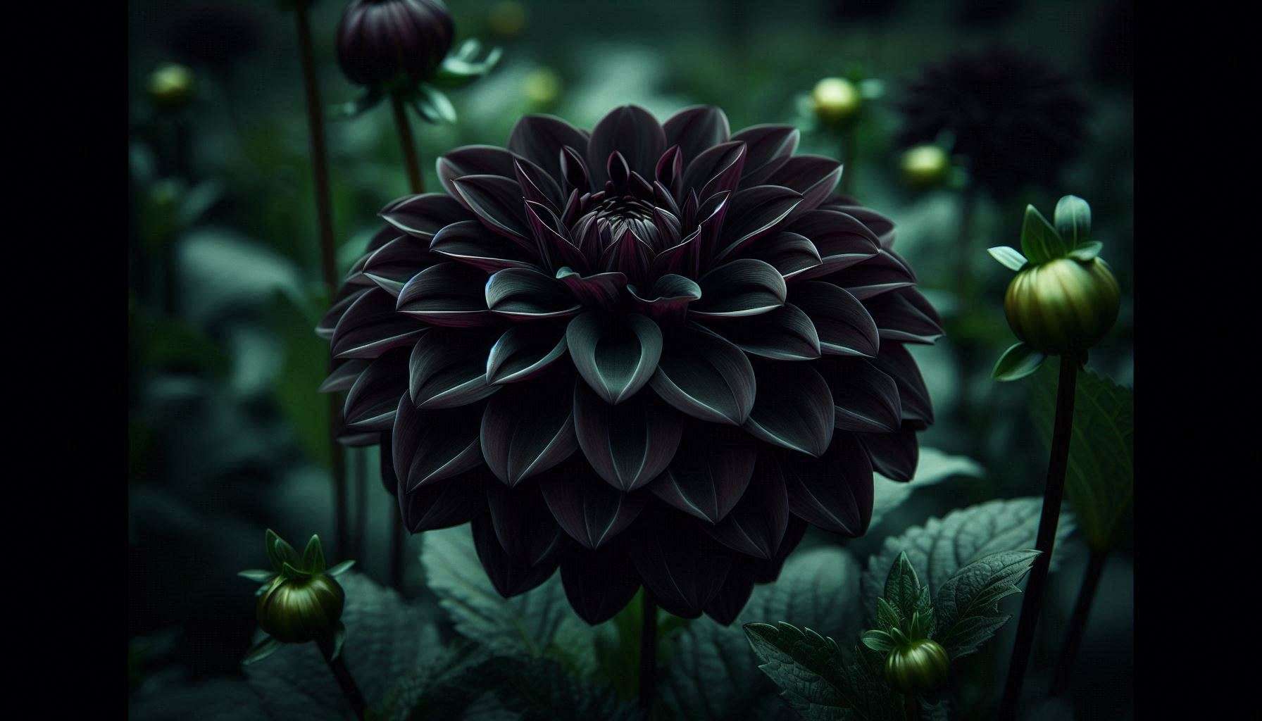 Close-up of Black Dahlia with dark, velvety petals and rich burgundy hues." 