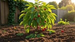 A thriving Nanking cherry plant with vibrant green leaves and clusters of ripe red cherries, growing in well-drained soil with visible mulch. The scene is set in a sunny garden, highlighting proper care techniques such as pruning, watering, and mulching, creating an inviting and healthy environment for the fruit bush.