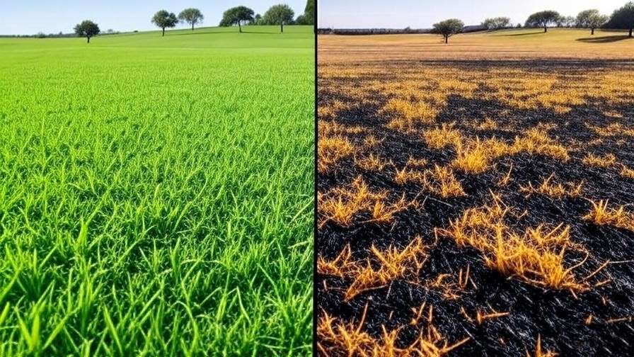A split image showing a healthy Bermuda grass lawn on one side and a lawn with fertilizer burn or over-fertilization damage on the other side.
