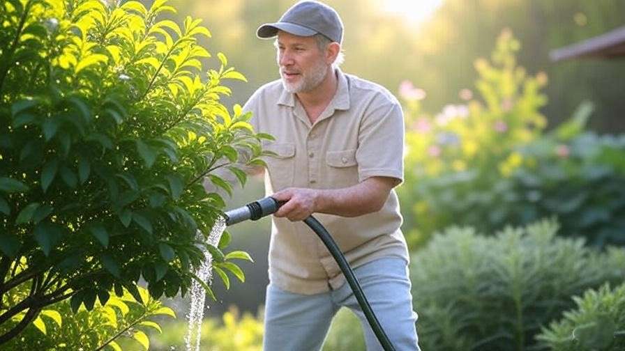  An image of a person watering a Nanking Cherry bush with a garden hose, showing healthy green foliage.