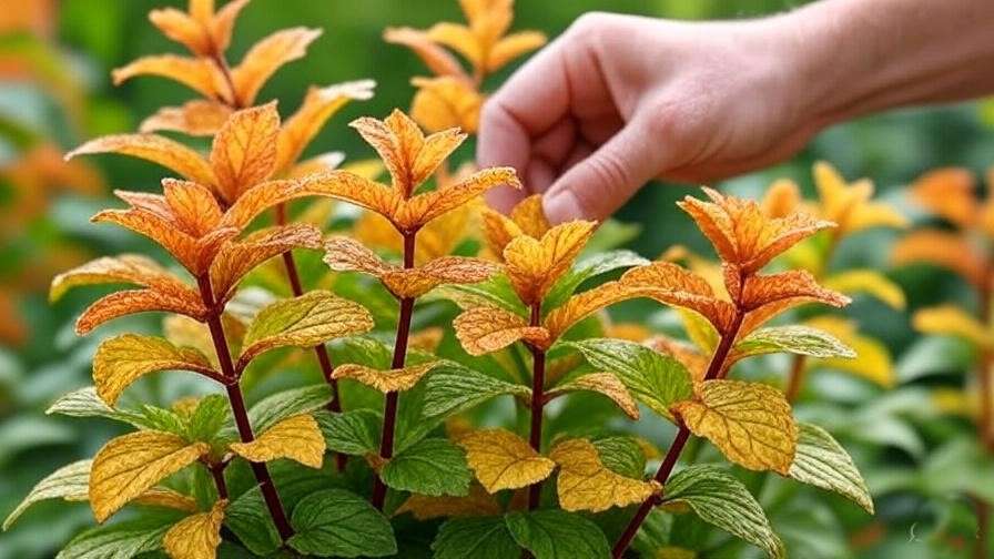 Orange mint leaves showing signs of yellowing or wilting, with a hand inspecting them.