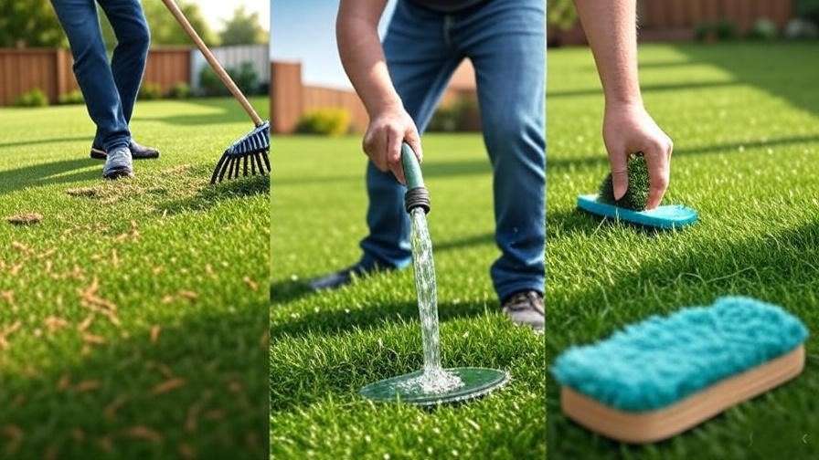 A step-by-step image showing the process of cleaning artificial turf—removing debris, rinsing, and fluffing the turf.