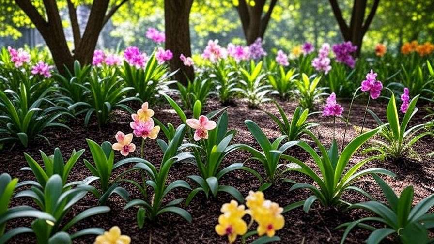 An outdoor garden with ground orchids planted in a partially shaded area with dappled sunlight.