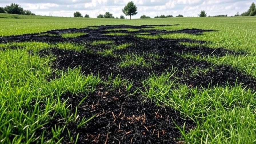  A lawn showing burnt patches from over-fertilizing, with some green patches remaining.