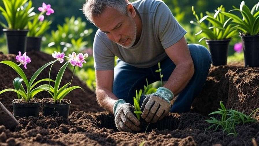 A gardener planting ground orchids in the garden, digging a hole, and preparing the soil.