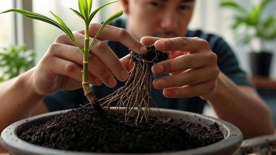 An image showing the process of repotting a bonsai bamboo, with the plant being gently removed from its pot and its roots inspected.