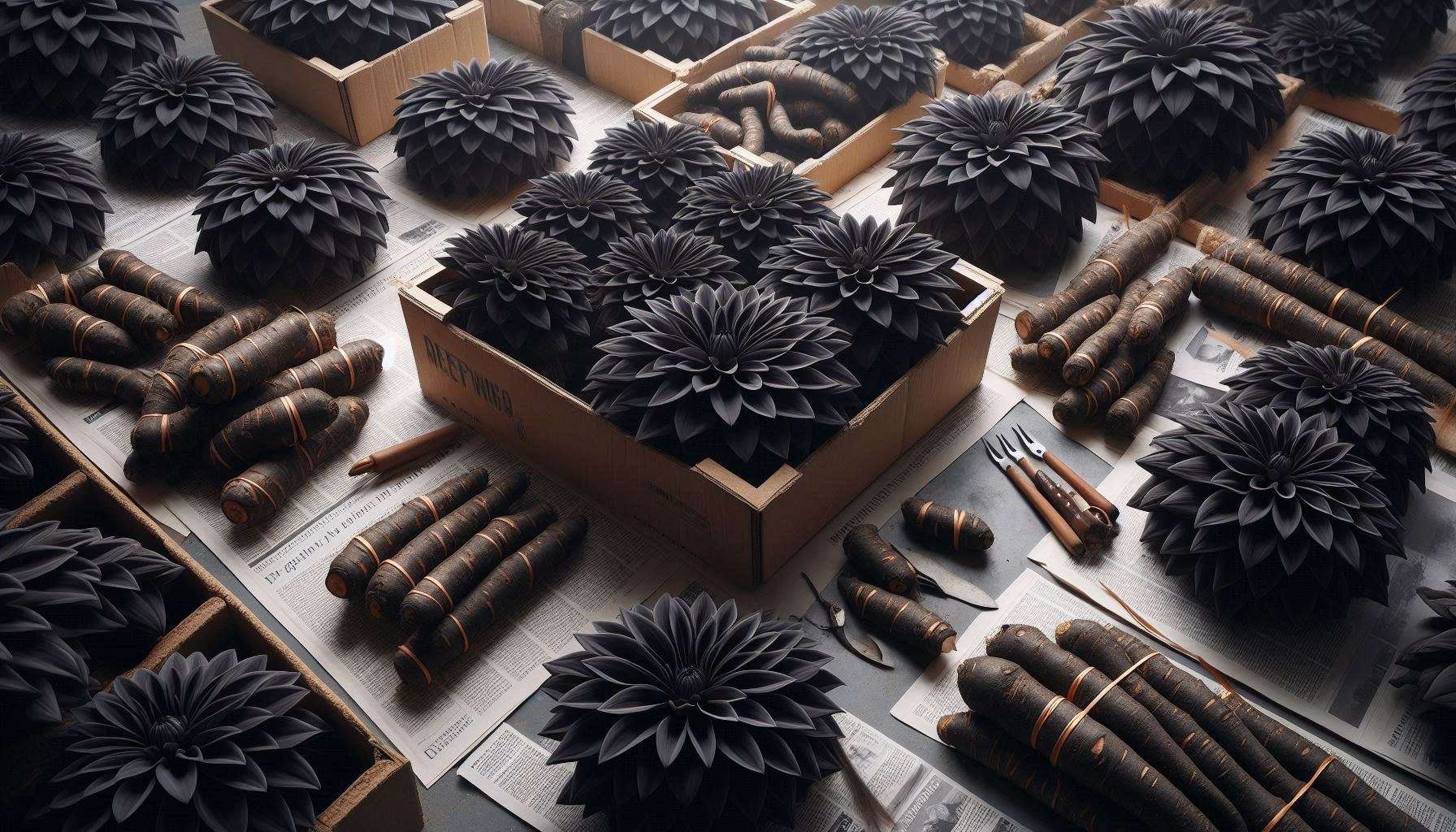 "Black Dahlia tubers drying out in a cool, dry place before storing them for the winter."
