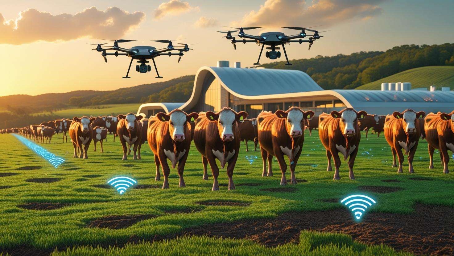 A futuristic beef farm in Georgia with Hereford cattle wearing GPS collars, monitored by drones overhead and displaying holographic data, set against a backdrop of modern farm buildings and lush green pastures