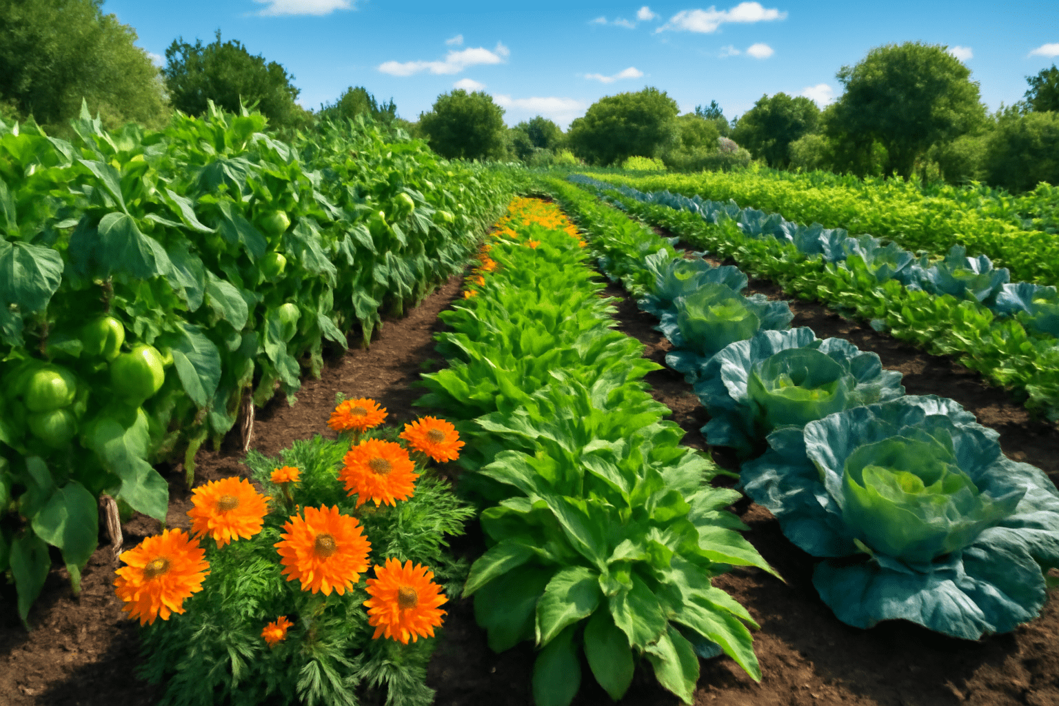 Organic farm practicing companion planting with basil next to tomatoes, vibrant marigolds attracting beneficial insects, and a variety of flourishing crops under a clear, sunny sky