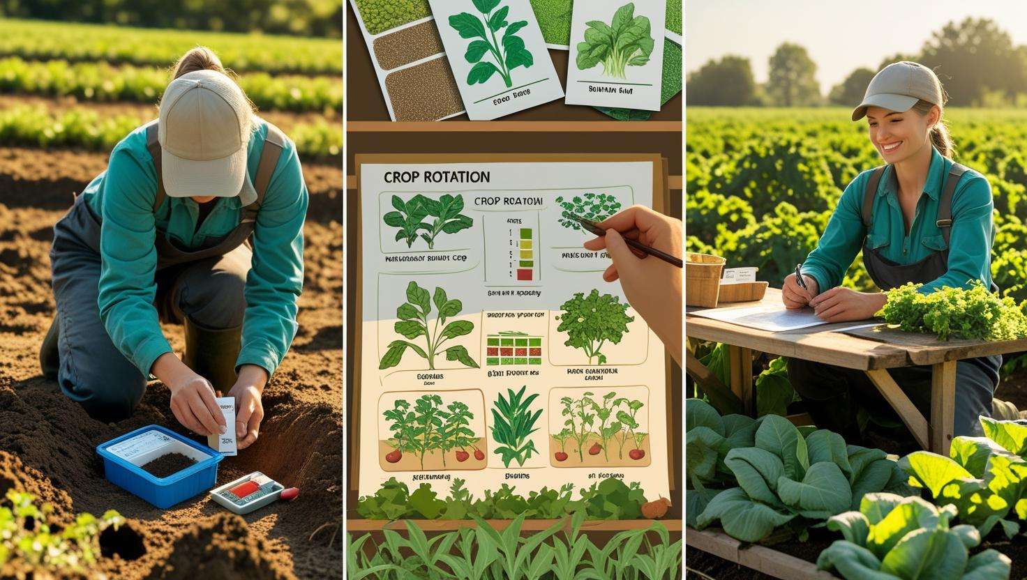 Design an image that visually represents the steps of crop rotation: a farmer testing soil, selecting crops, creating a schedule, and monitoring crop health. The image should be clear and organized, with a focus on farming activities in a natural environment.