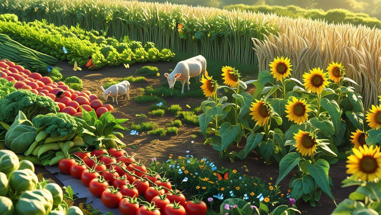 A vibrant and healthy farm with diverse crops, including vegetables, fruits, and grains. The farm also has small livestock, insects like bees pollinating, and a well-balanced ecosystem. This image should portray the sustainability and biodiversity of subsistence agriculture