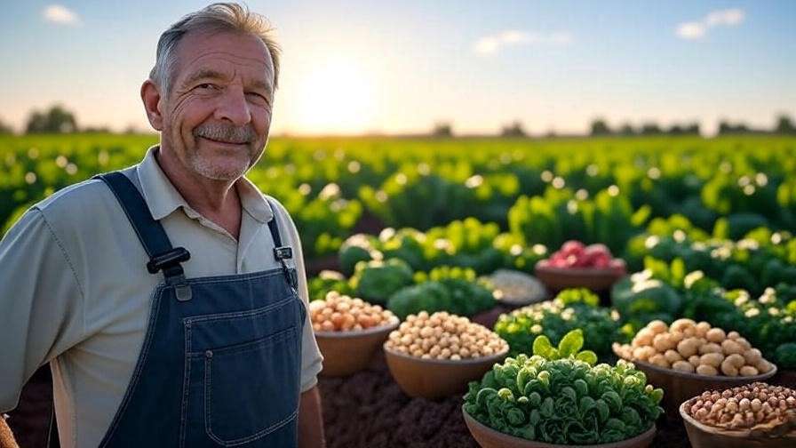 A farmer in an organic farm setting, actively working with cover crops, mulching, and testing the soil. Show lush, diverse crops such as legumes, vegetables, and cereals. The farmer should be surrounded by greenery, with organic practices like mulching and using a soil tester. Ensure a natural, vibrant farming environment, with symbols of sustainability