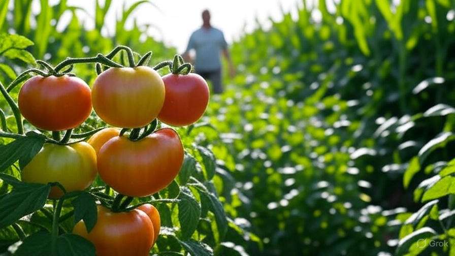 A farm with various crops, highlighting pest-resistant varieties such as disease-resistant tomatoes or native plants. The plants are healthy and vibrant, standing out in contrast to the surrounding field.