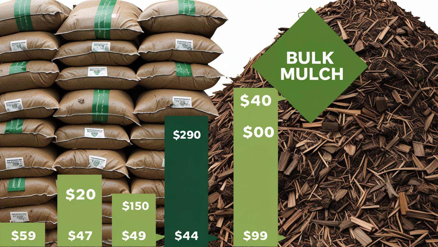 A price breakdown chart comparing the cost of bagged mulch and bulk mulch. Include images of mulch bags and a bulk mulch pile. The design should be clear and simple with price tags, and the overall tone should feel budget-conscious.