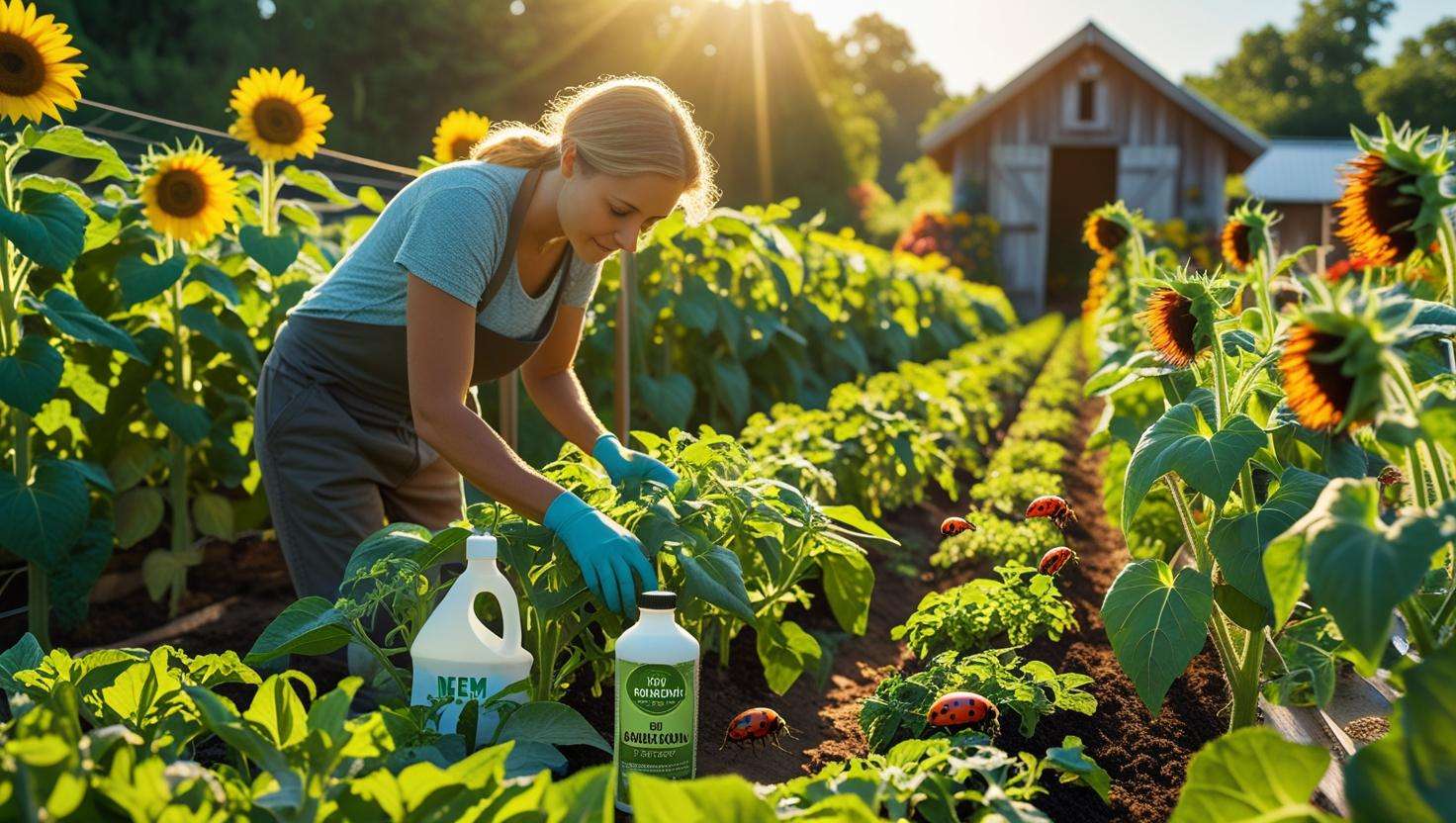 A scene of a farm or garden where a person is applying various organic pest control methods. Show companion planting, the use of neem oil, and the presence of ladybugs. The atmosphere should feel like a sustainable, eco-friendly environment.