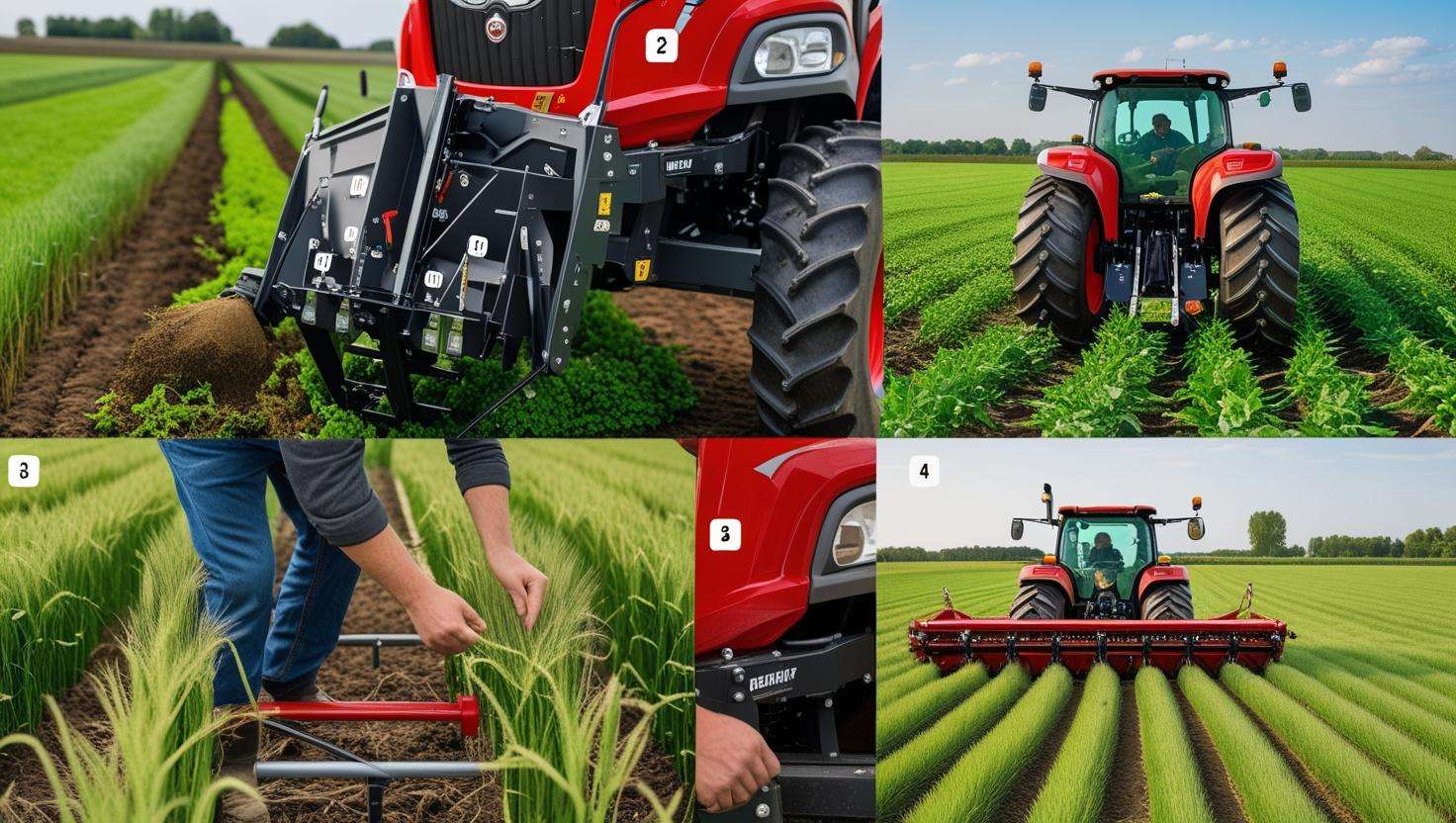 An infographic or series of images showing the step-by-step process of using the Baumalight Mulcher on a farm. The steps should include attaching the mulcher to a tractor, adjusting height settings, and operating it on a farm field.