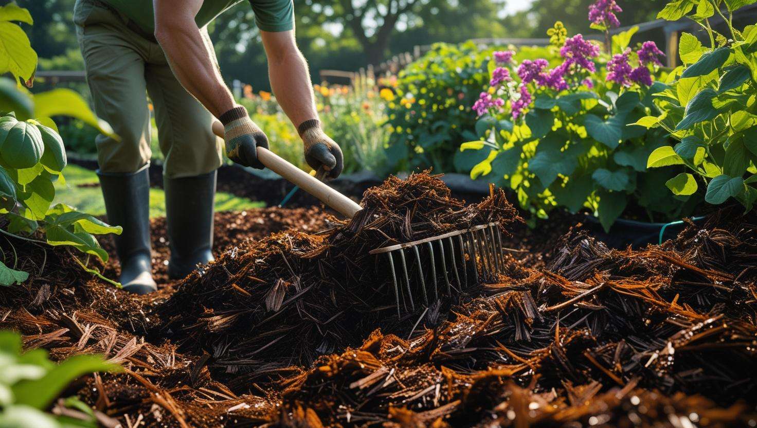 A dedicated gardener methodically fluffing and replenishing rich, dark hardwood mulch in a vibrant farm garden. The scene captures the gardener's hands actively using a sturdy rake to ensure even distribution, showcasing the mulch's thick, textured layers that glisten with moisture. Sunlight filters through the leaves overhead, casting playful shadows on the ground, while various plants, adorned with lush green foliage and colorful blossoms, surround the area, creating a harmonious balance of earth and life. The atmosphere is calm and focused, emphasizing the care taken in nurturing the garden's health.