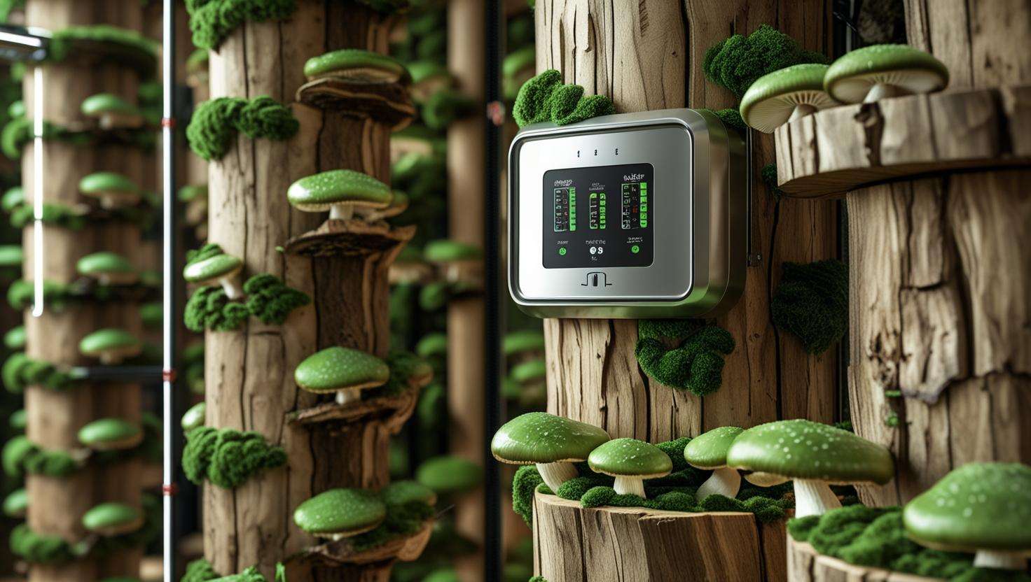 A vertical farming setup with stacked logs or tree stumps, mushrooms growing on them in a controlled environment with humidity and temperature control devices visible.