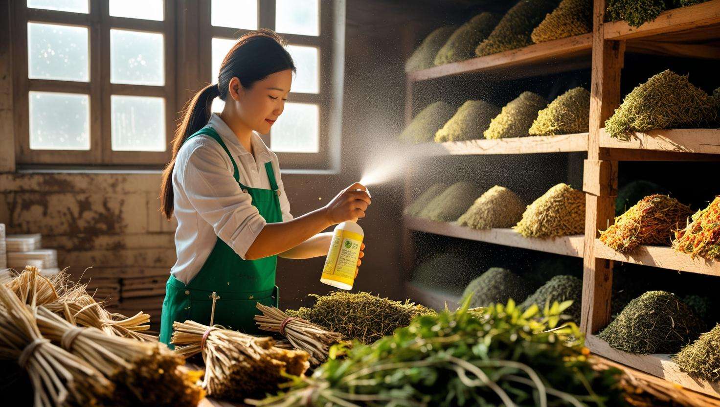 An organic farmer (female, in farm attire) applying a citrus oil spray in a storage area filled with dried herbs. The environment is rustic, with shelves and natural light filtering through windows.