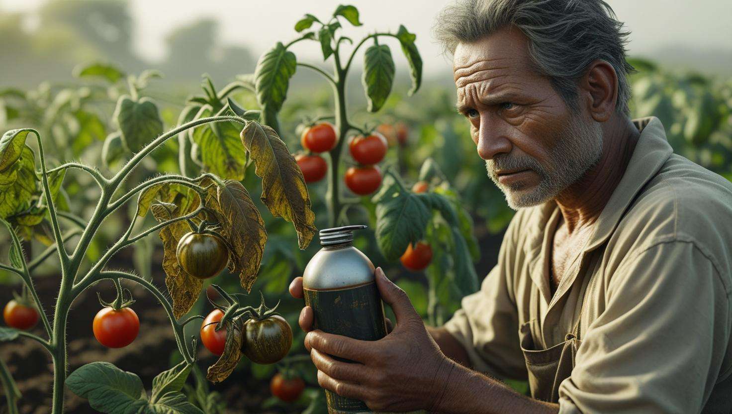 Farmer looking concerned while standing in a vegetable field, holding a pesticide bottle. On one side, crops are wilting due to over-application of neem oil or garlic spray, while healthy plants thrive on the other side. The farmer is dressed in worn clothes, with a worried expression, under an overcast sky
