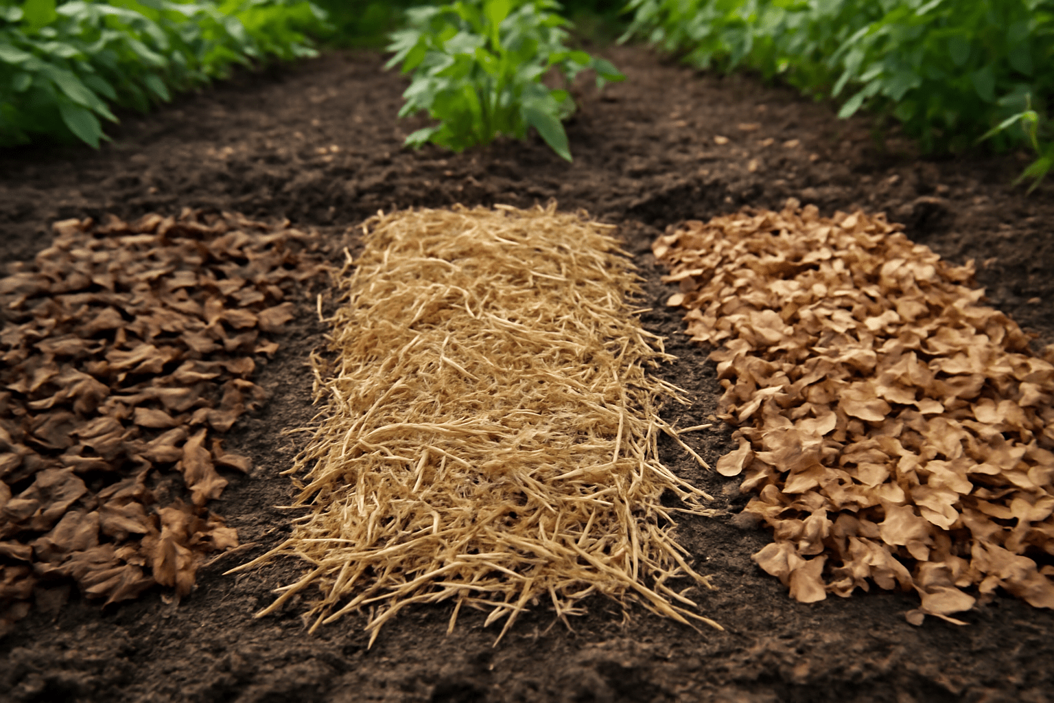 A side-by-side comparison of pine bark mulch, straw, and shredded leaves on a garden bed. Each mulch is spread over soil, highlighting the differences in texture and color, with a focus on the pine bark mulch’s more structured, dark appearance.
