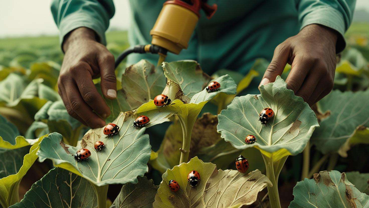  an image showing a farmer over-applying neem oil or garlic spray on crops, with some beneficial insects like ladybugs visibly harmed. The crops should appear slightly damaged, reflecting the mistake of overusing pesticides.