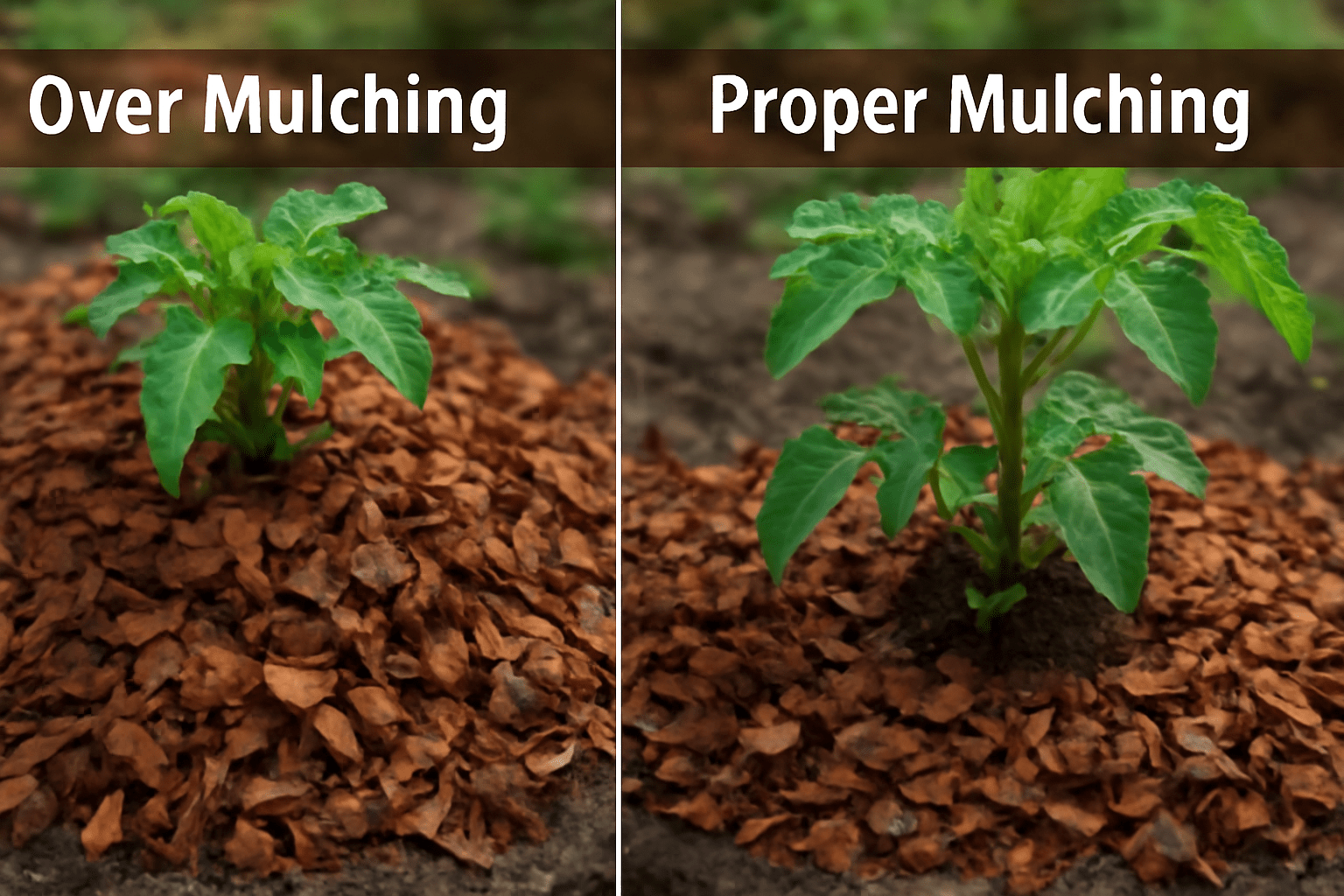 A comparison image showing common mulch mistakes. On one side, show a garden with mulch piled too high (over-mulching) causing poor drainage and root suffocation. On the other side, show a properly mulched garden with a 2-4 inch layer of mulch, leaving a small gap around plant stems.
