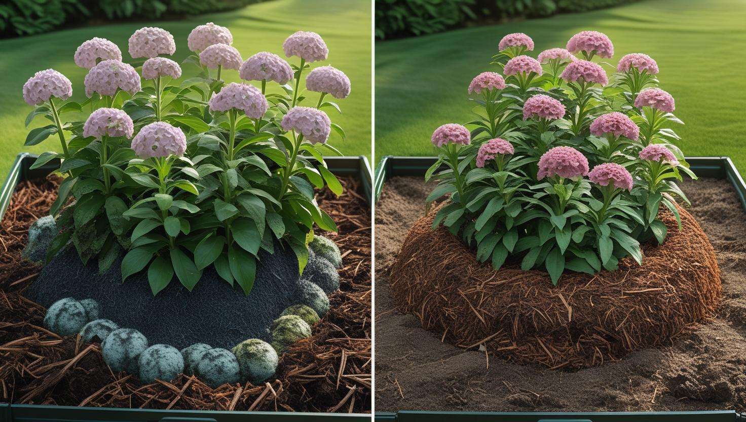 A side-by-side comparison of two garden beds: one with mulch piled too close to plant stems (showing rot or mold), and the other with mulch correctly applied around the plant base, with space around the stems.