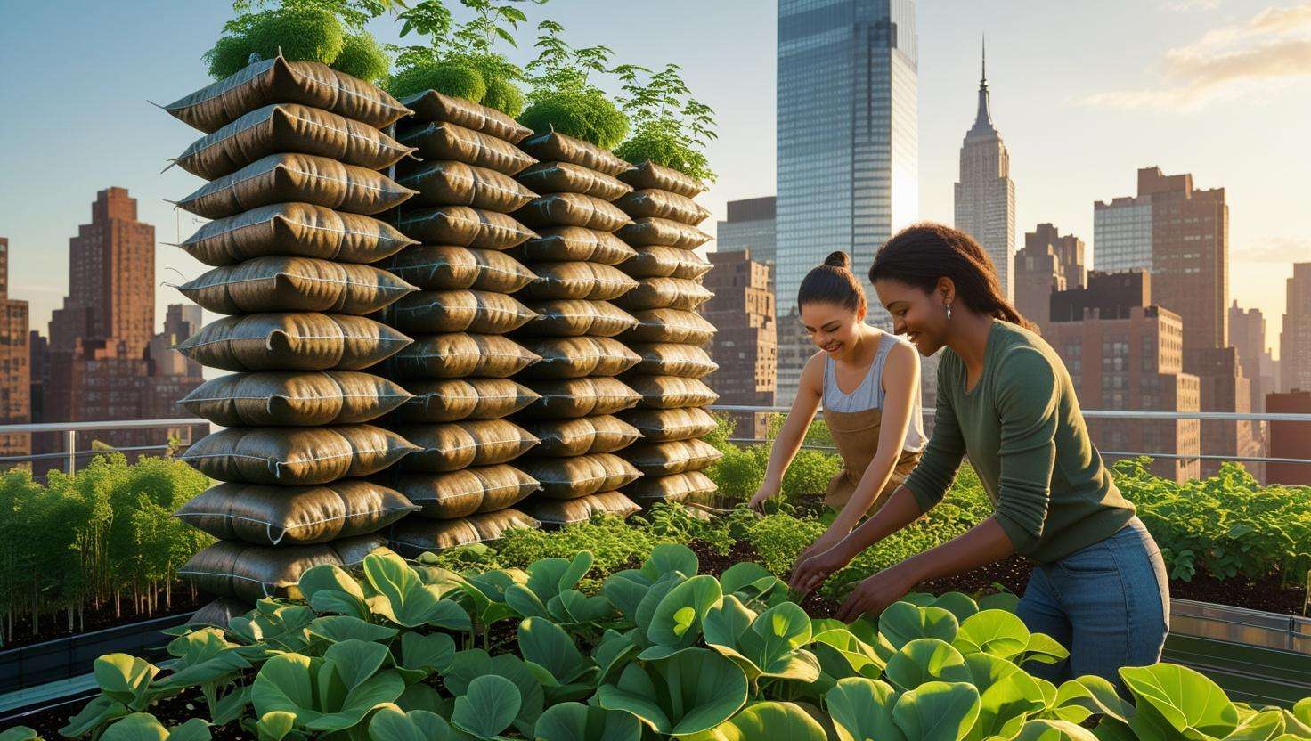 A small urban garden with stacked mushroom grow bags, sho``wing various mushrooms growing. The setting should highlight sustainability, with natural lighting and greenery around the bags. A person is harvesting mushrooms, showcasing the benefits of using these bags.