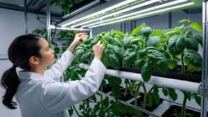 an image showing a person adjusting the height of grow lights in a vertical farming setup. The image should depict the grow lights being positioned 12-24 inches above tomato plants in the vegetative stage. The setting should look professional, with modern equipment and healthy tomato plants below.