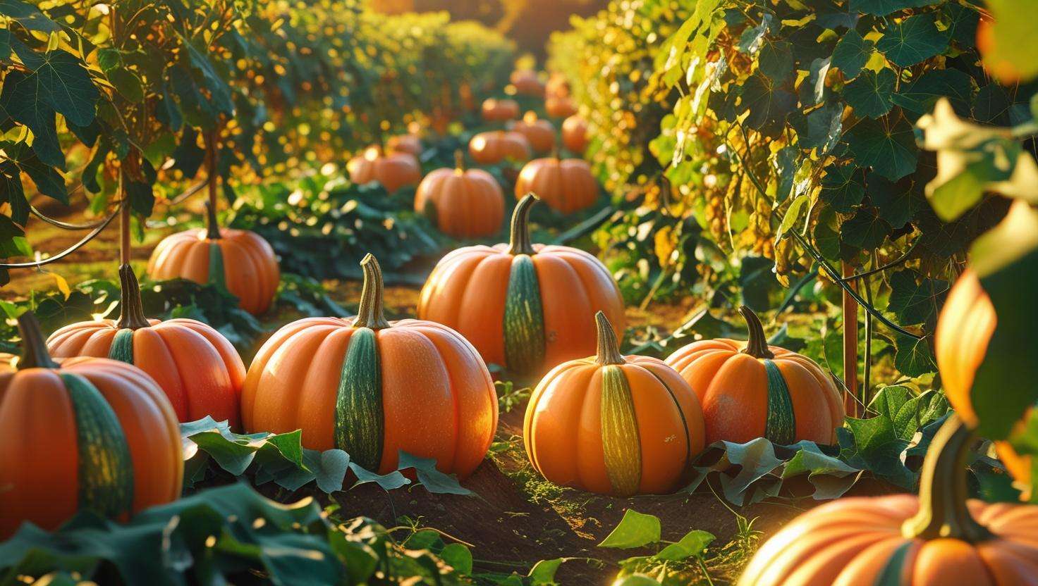 A healthy pumpkin patch under full sunlight with large pumpkins growing on vines. The vines are neatly spread out, and the pumpkins are vibrant in color, indicating a well-cared-for garden.