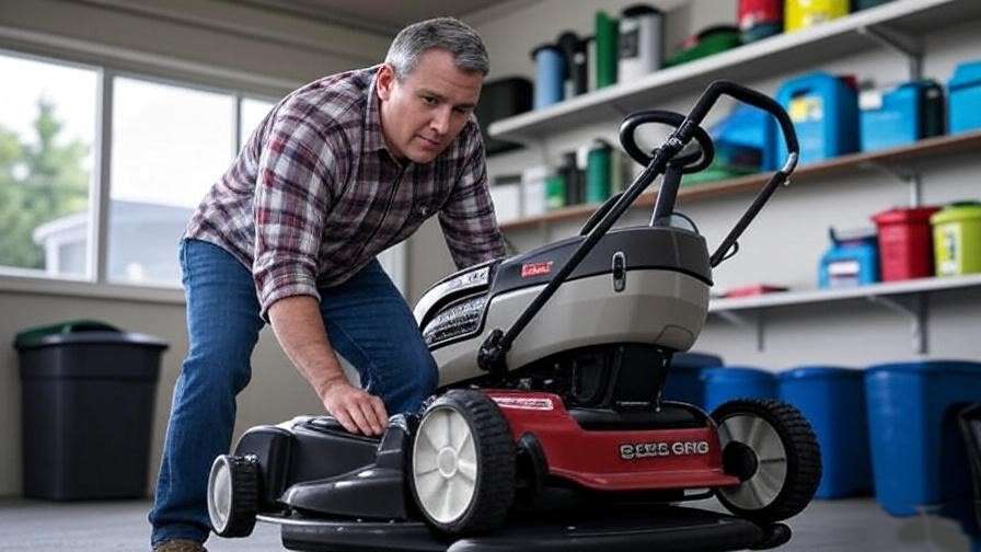 A person cleaning the mower deck or changing the oil of a Scag lawn mower.