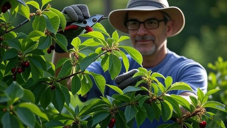  A photo of a gardener using pruning shears to trim the Nanking Cherry bush, removing dead branches.