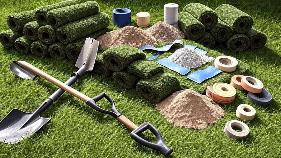 A neatly arranged display of the tools and materials needed for laying artificial turf, such as a shovel, rake, turf rolls, base material, landscape staples, and adhesive. 